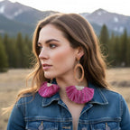 Long Copper Embossed Pink and Purple Silk Tassel Earrings - Che Cose Belle