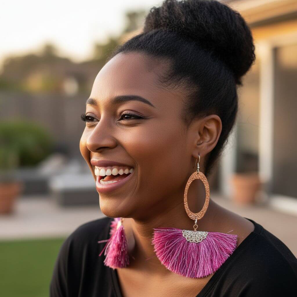 Long Copper Embossed Pink and Purple Silk Tassel Earrings - Che Cose Belle