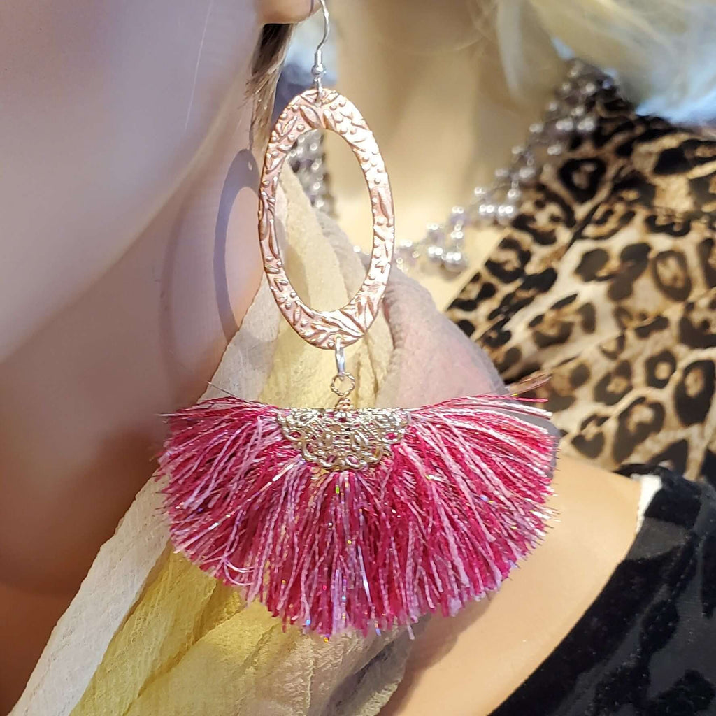 Long Copper Embossed Pink and Purple Silk Tassel Earrings - Che Cose Belle
