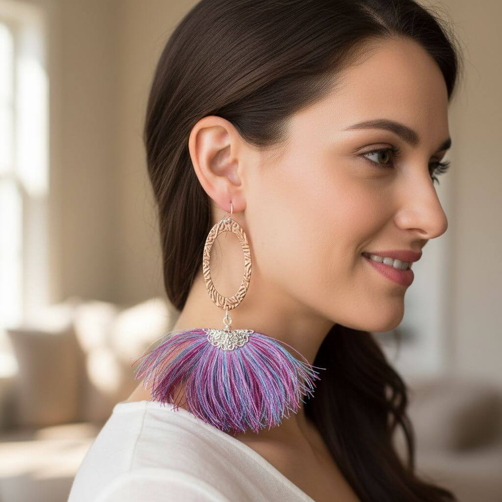Long Copper Embossed Pink and Purple Silk Tassel Earrings - Che Cose Belle