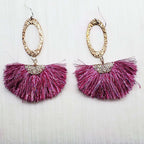 Long Copper Embossed Pink and Purple Silk Tassel Earrings - Che Cose Belle