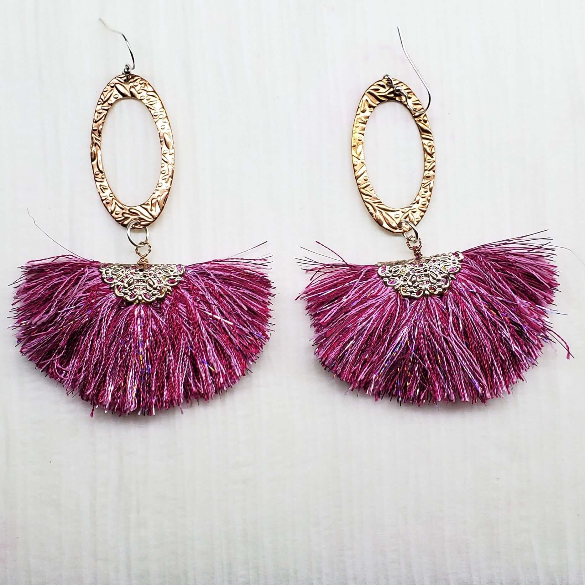 Long Copper Embossed Pink and Purple Silk Tassel Earrings - Che Cose Belle