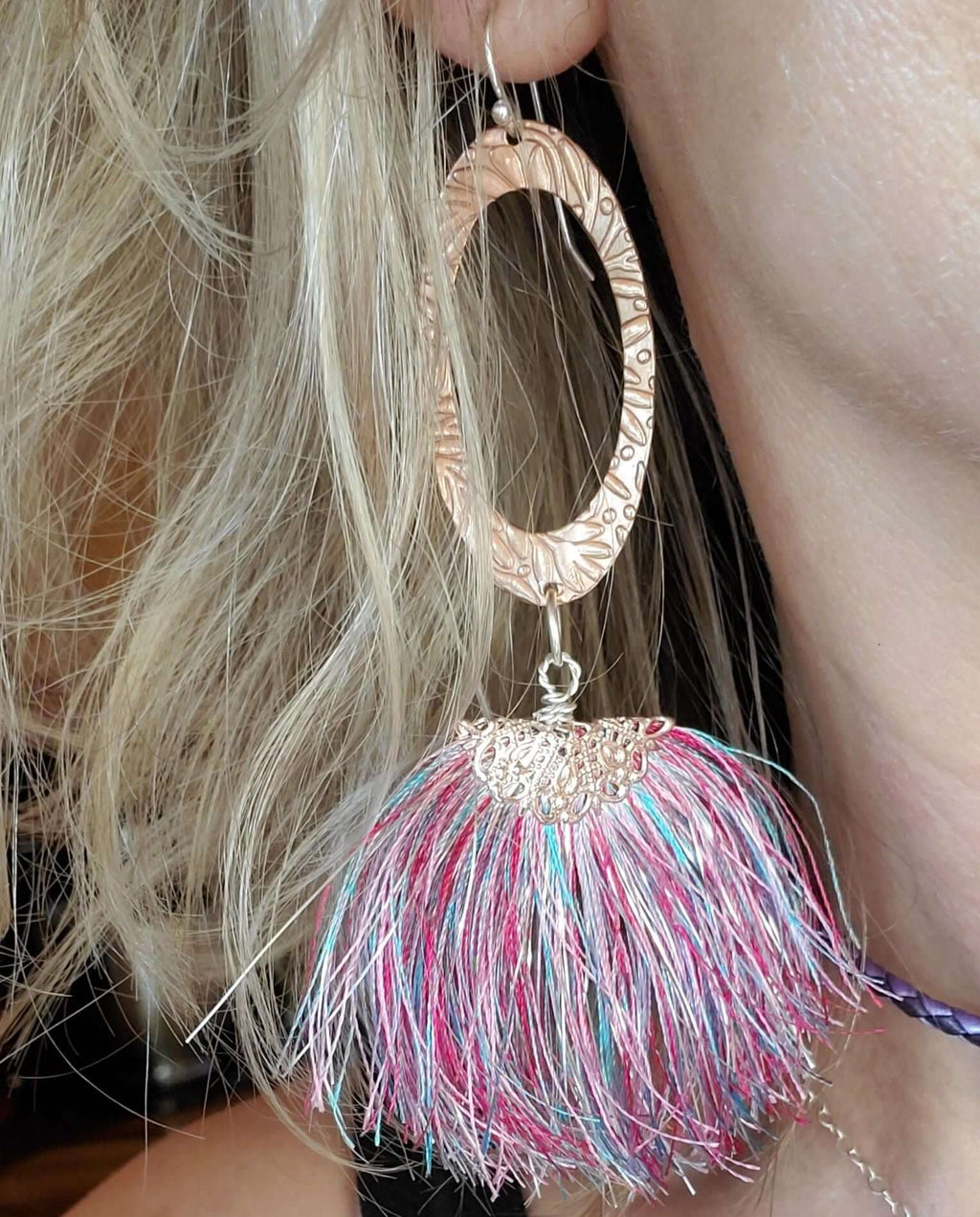 Long Copper Embossed Pink and Purple Silk Tassel Earrings - Che Cose Belle