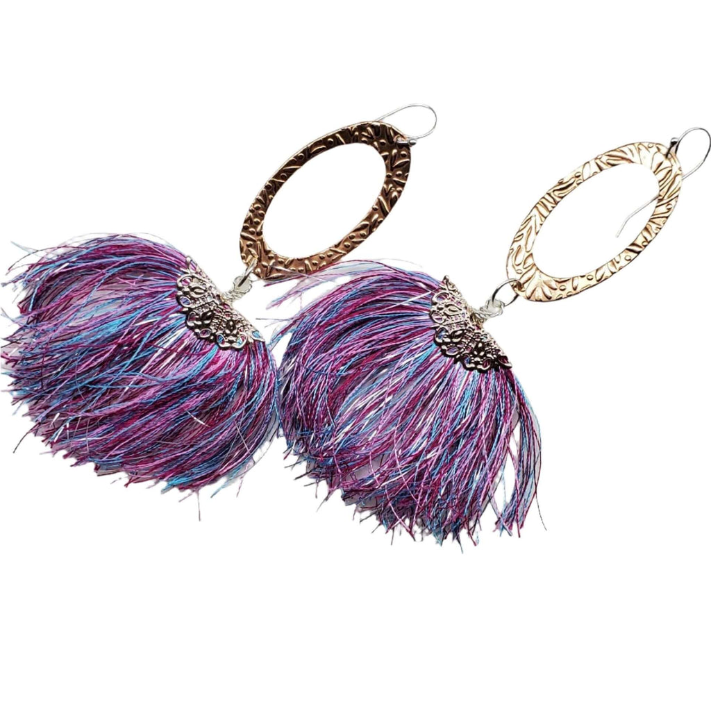 Long Copper Embossed Pink and Purple Silk Tassel Earrings - Che Cose Belle