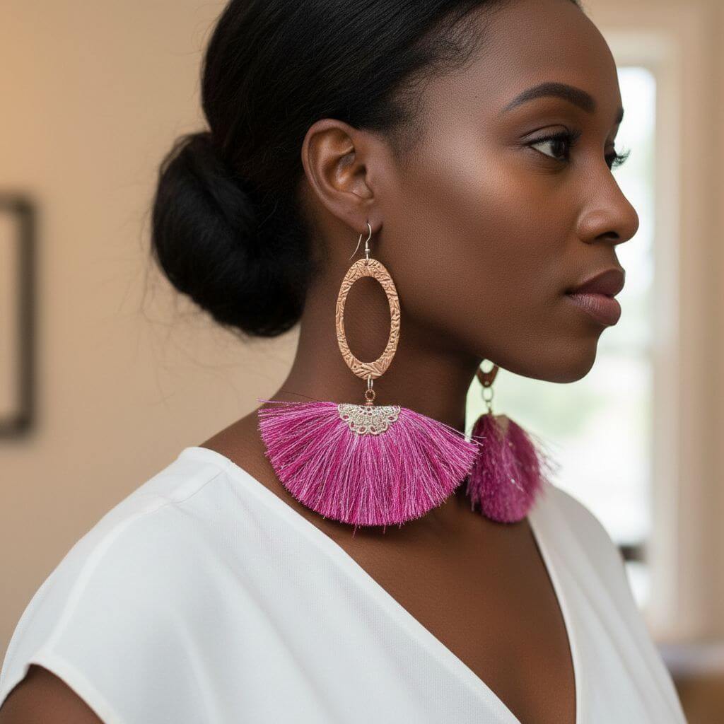 Long Copper Embossed Pink and Purple Silk Tassel Earrings - Che Cose Belle