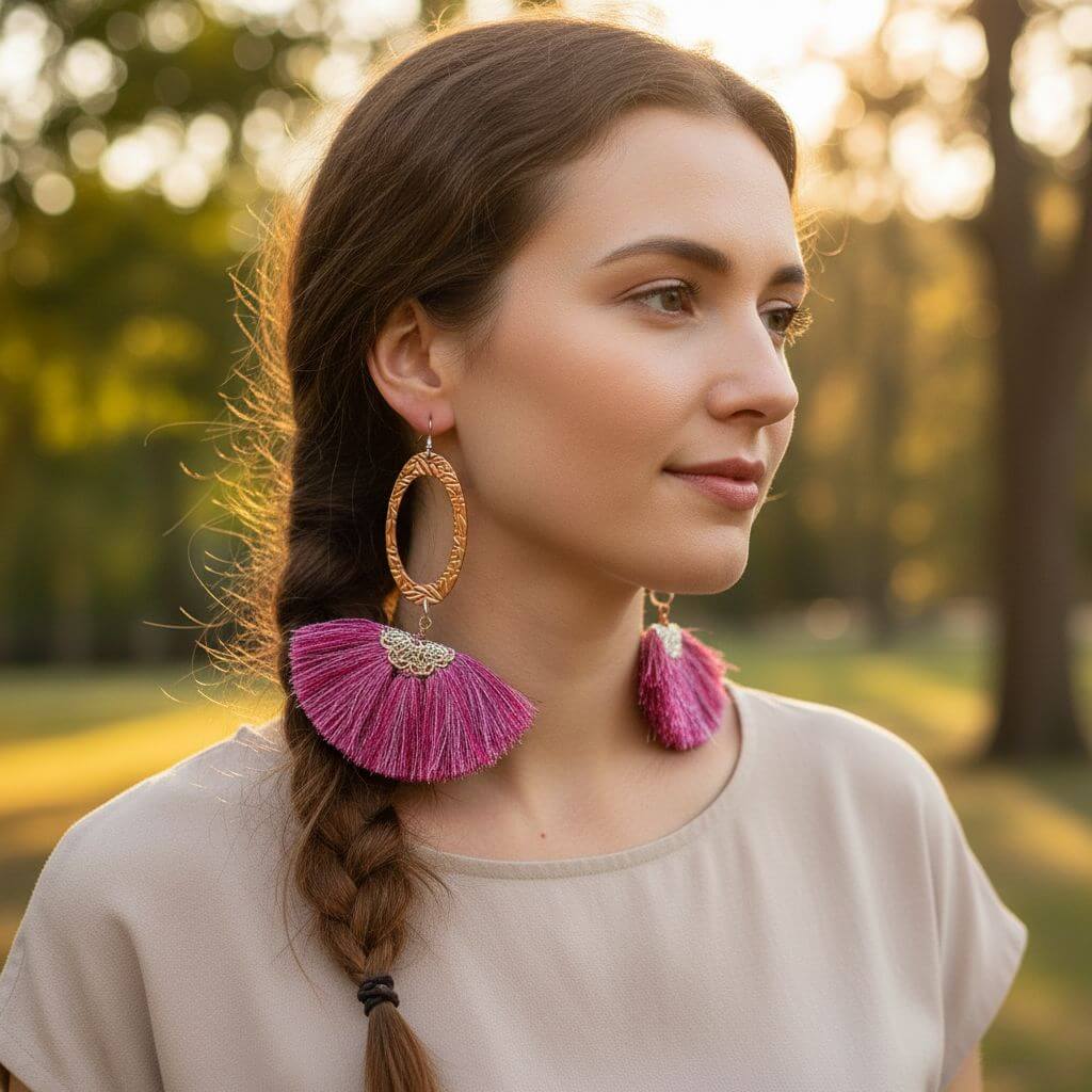 Long Copper Embossed Pink and Purple Silk Tassel Earrings - Che Cose Belle