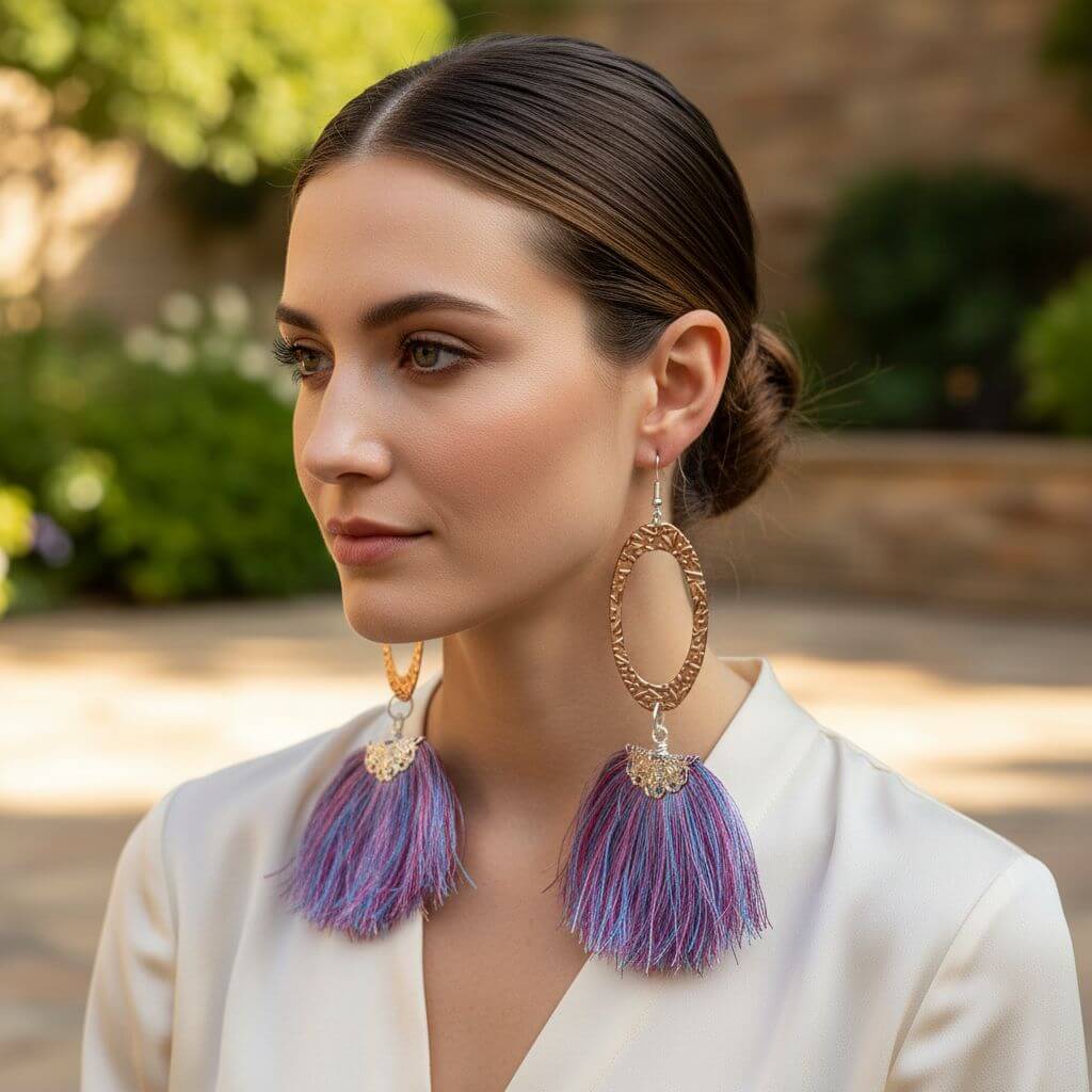 Long Copper Embossed Pink and Purple Silk Tassel Earrings - Che Cose Belle