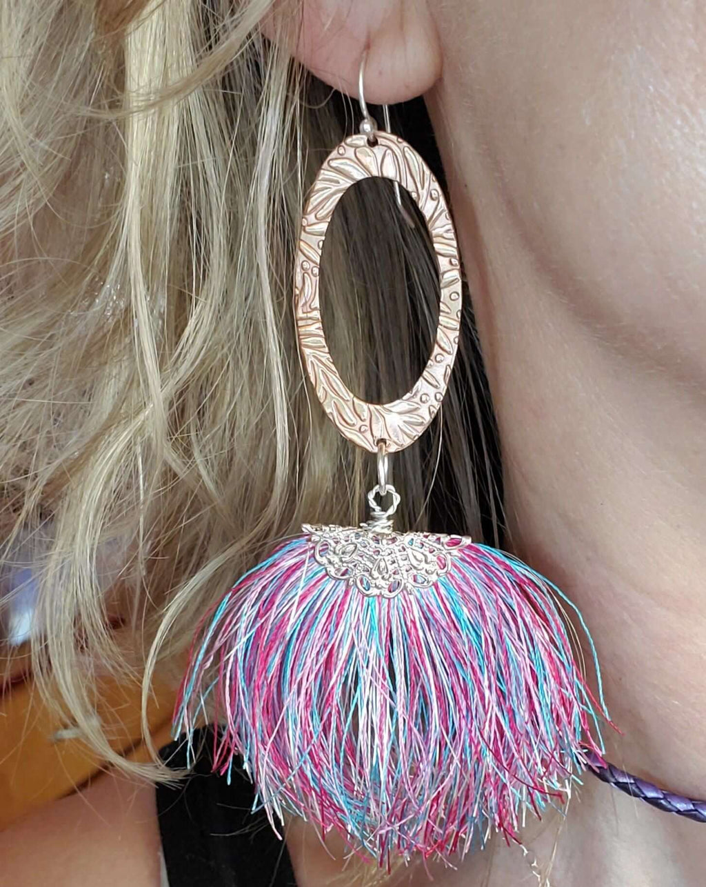 Long Copper Embossed Pink and Purple Silk Tassel Earrings - Che Cose Belle