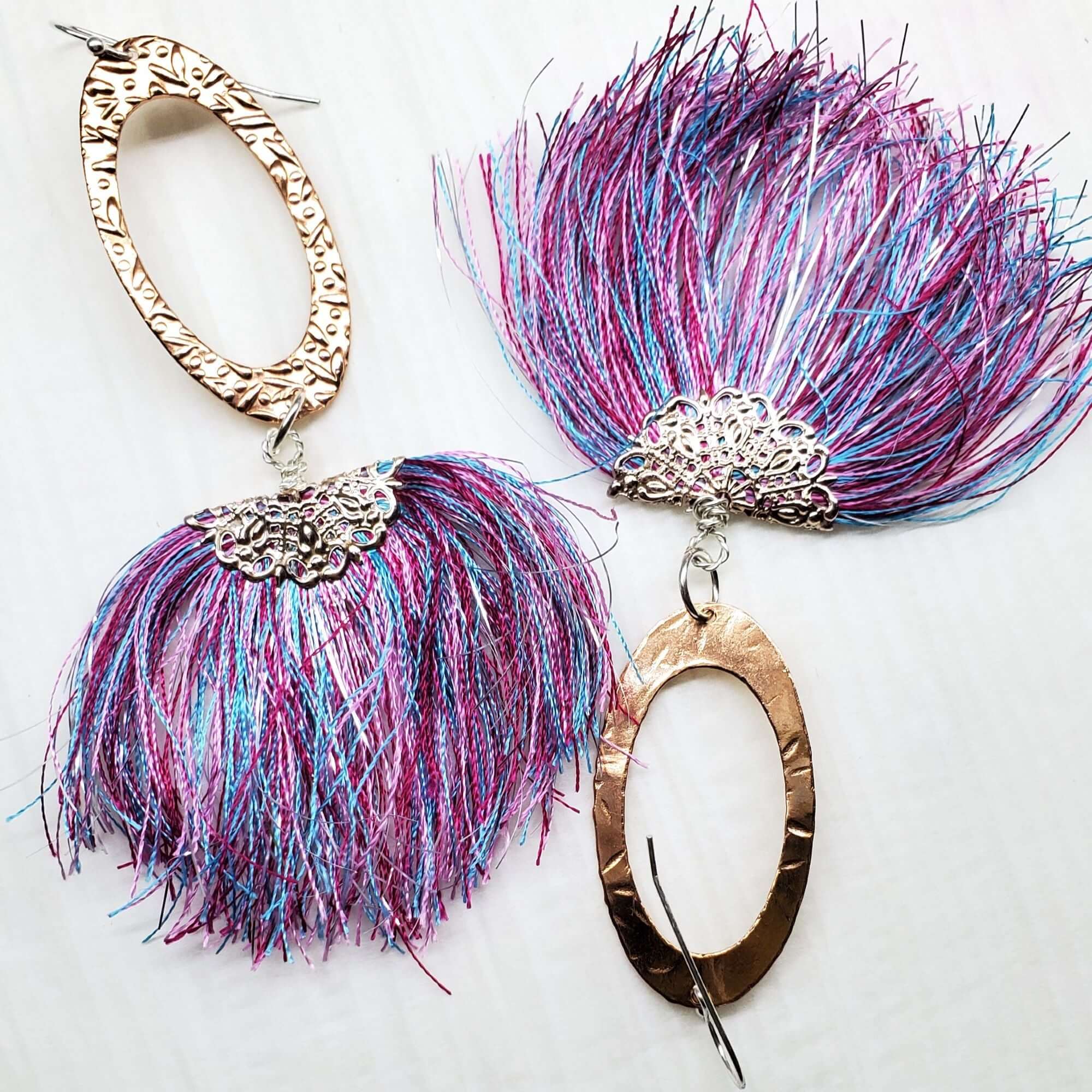 Long Copper Embossed Pink and Purple Silk Tassel Earrings - Che Cose Belle