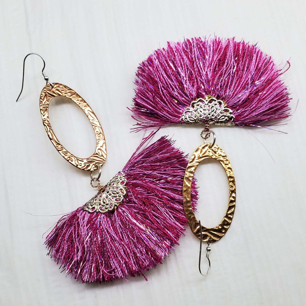 Long Copper Embossed Pink and Purple Silk Tassel Earrings - Che Cose Belle