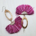 Long Copper Embossed Pink and Purple Silk Tassel Earrings - Che Cose Belle