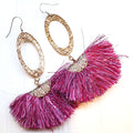 Long Copper Embossed Pink and Purple Silk Tassel Earrings - Che Cose Belle