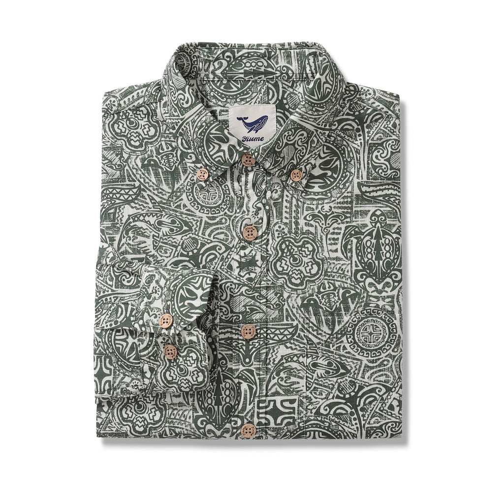 Long Sleeve Hawaiian Shirt For Men Guardian Totem Cotton Button-down Aloha Shirt - Che Cose Belle