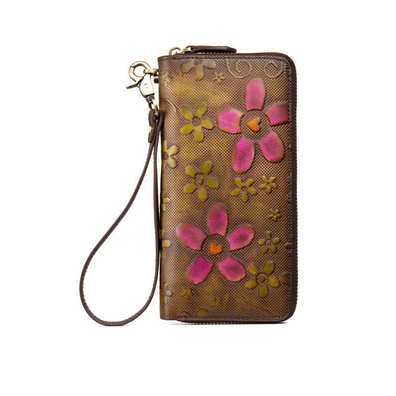 Long Vintage Handcrafted Distressed Zipper Purse Top-Grain Leather Wallet - Che Cose Belle