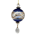 Etched Blown Glass Ball with Crystal Dangle - Blue