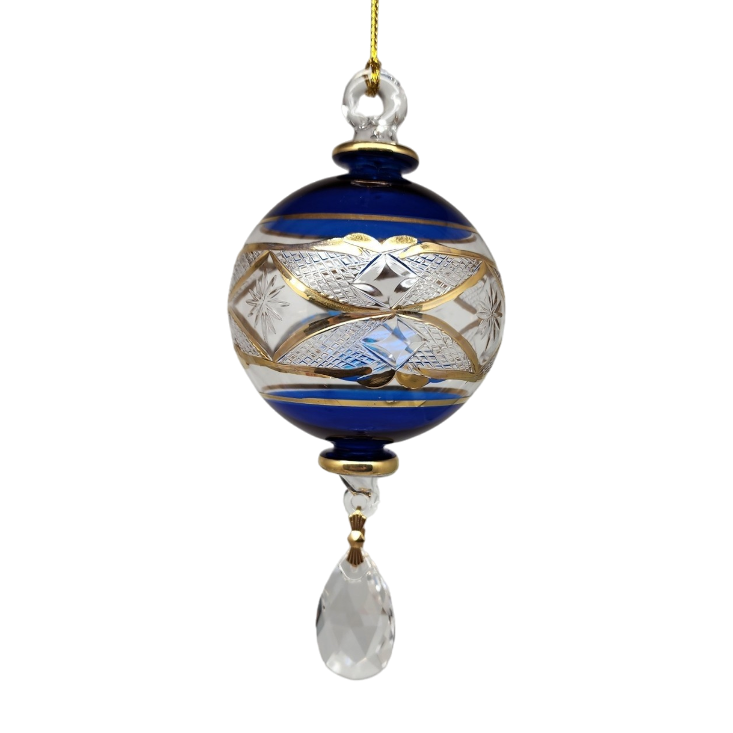 Etched Blown Glass Ball with Crystal Dangle - Blue