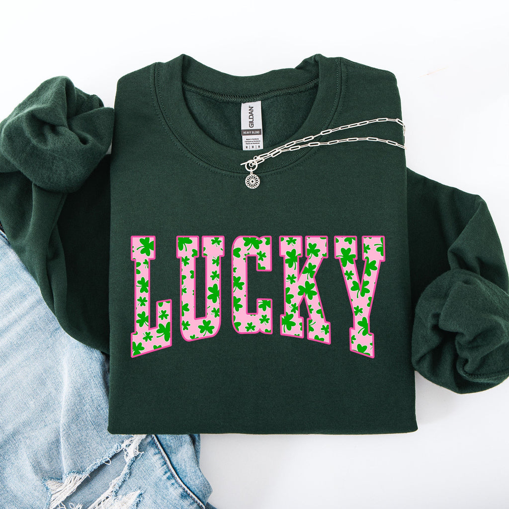 Lucky, Collegiate, Varsity, Vintage, St Patrick's Day, Shamrock, Clover, Lucky, Leprechaun Sweatshirt - Che Cose Belle