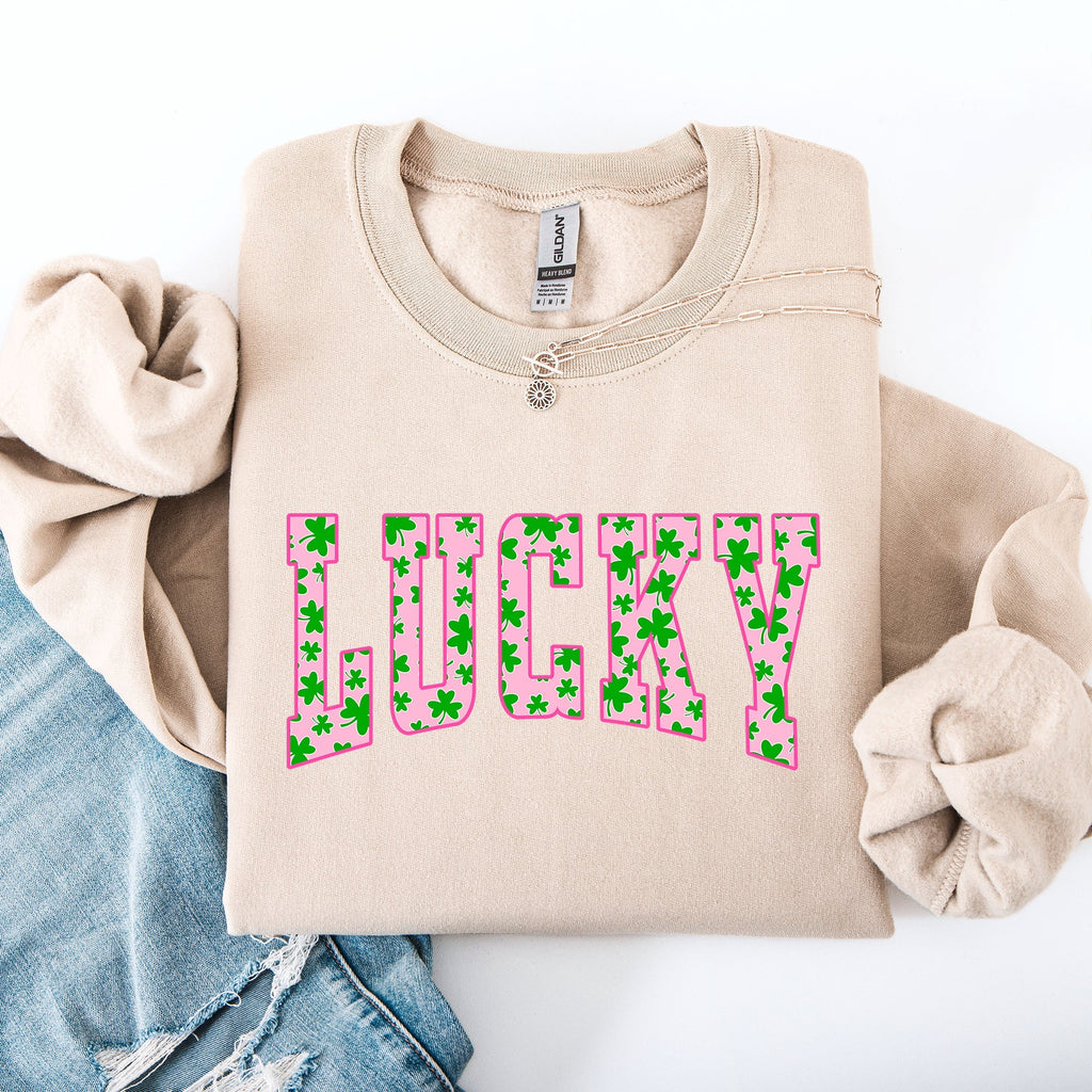 Lucky, Collegiate, Varsity, Vintage, St Patrick's Day, Shamrock, Clover, Lucky, Leprechaun Sweatshirt - Che Cose Belle