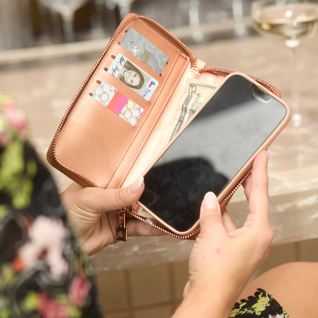 Zip Around Leather Wallet — Rose Gold