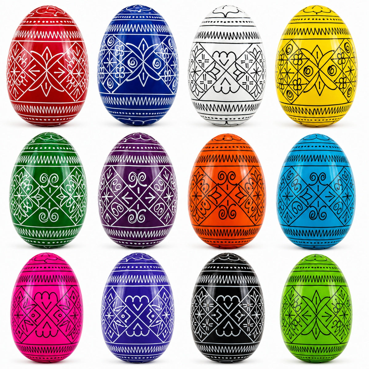 Set of 12 Multicolored Hand Painted Ukrainian Wooden Easter Eggs 2.5 Inches
