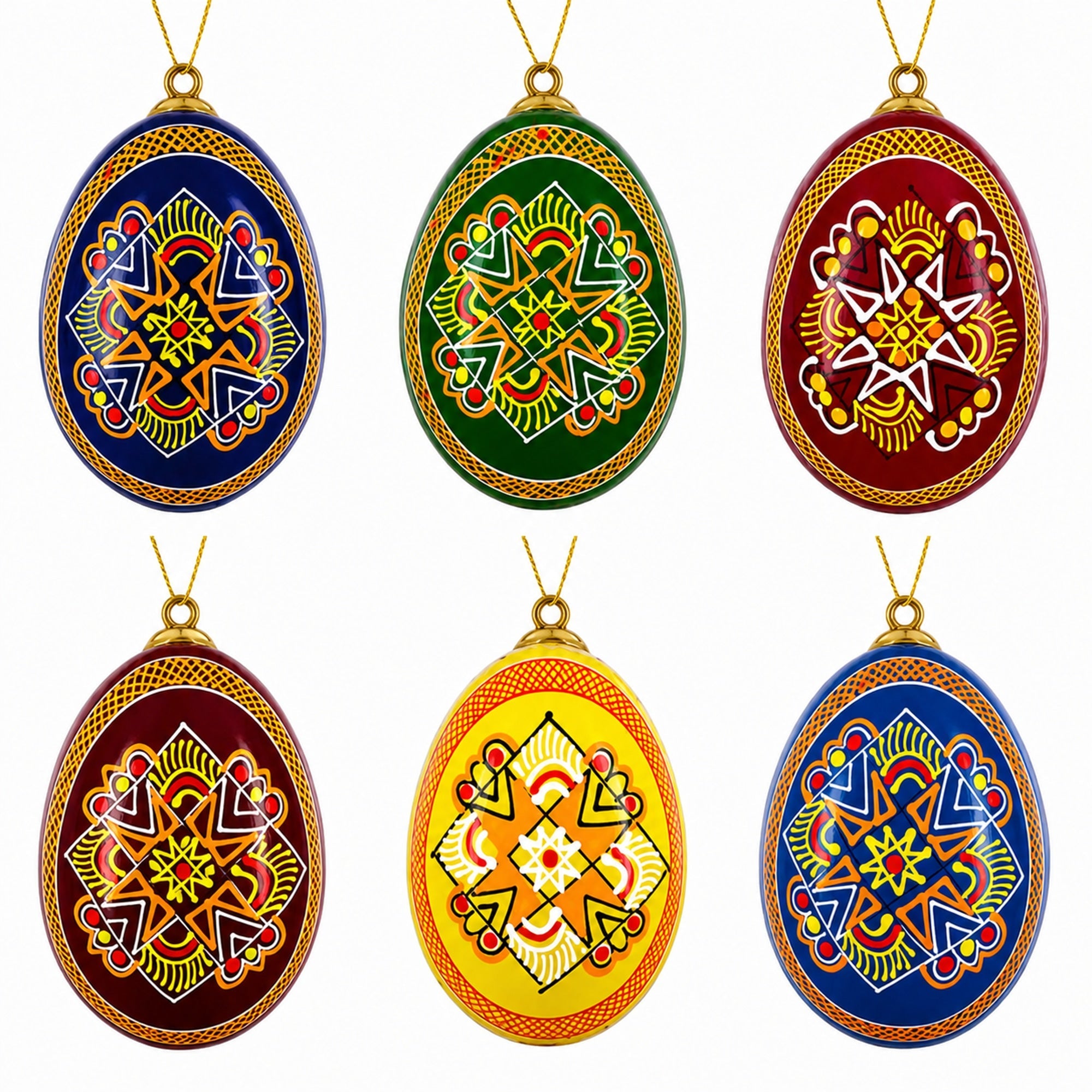 Set of 6 Ukrainian Wooden Easter Egg Ornaments 2.5 Inches