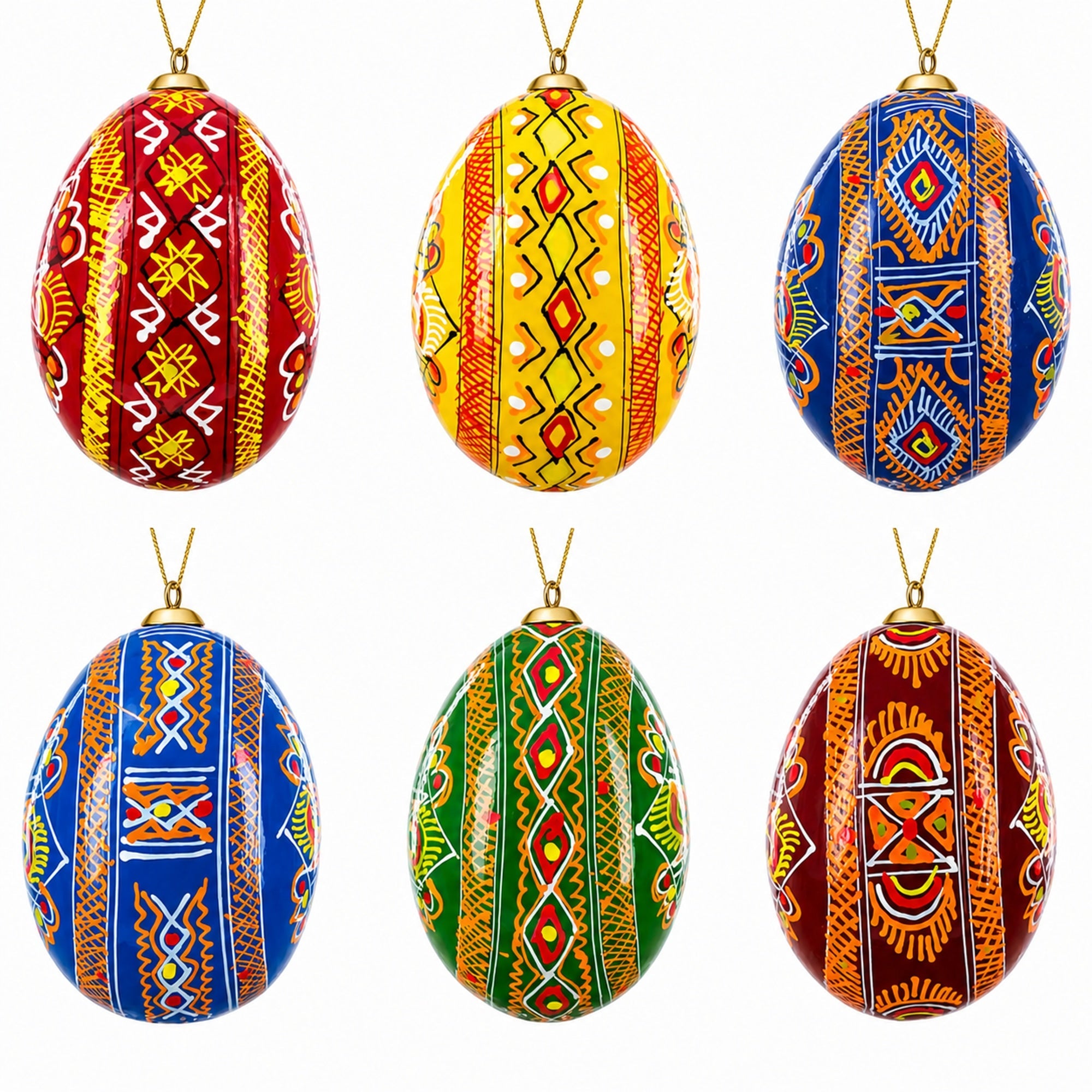 Set of 6 Ukrainian Wooden Easter Egg Ornaments 2.5 Inches