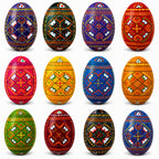 Set of 12 Handcrafted Geometric Ukrainian Pysanky Wooden Easter Eggs 2.5 Inches