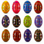 Set of 12 Handcrafted Geometric Ukrainian Pysanky Wooden Easter Eggs 2.5 Inches