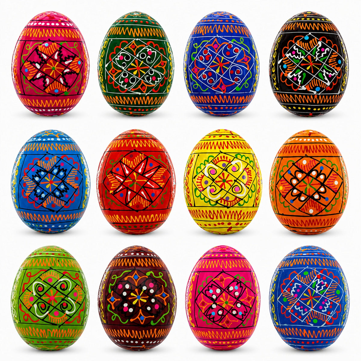 Set of 12 Geometrical Wooden Ukrainian Easter Eggs Pysanky 2.5 Inches