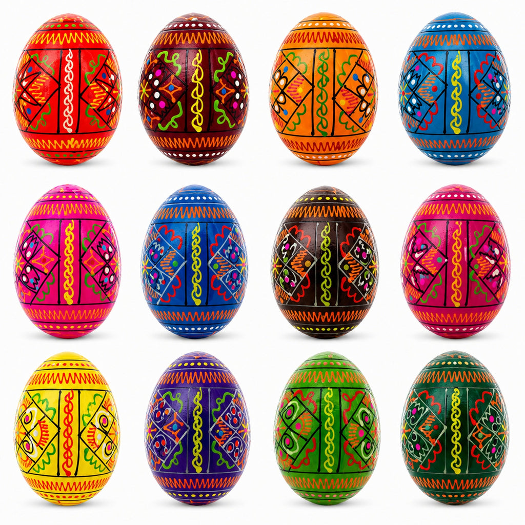 Set of 12 Geometrical Wooden Ukrainian Easter Eggs Pysanky 2.5 Inches