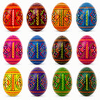 Set of 12 Geometrical Wooden Ukrainian Easter Eggs Pysanky 2.5 Inches