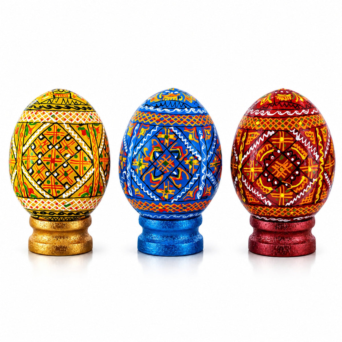 Set of 3 Colorful Geometric Ukrainian Pysanky Wooden Easter Eggs with Stands