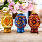 Set of 3 Colorful Geometric Ukrainian Pysanky Wooden Easter Eggs with Stands