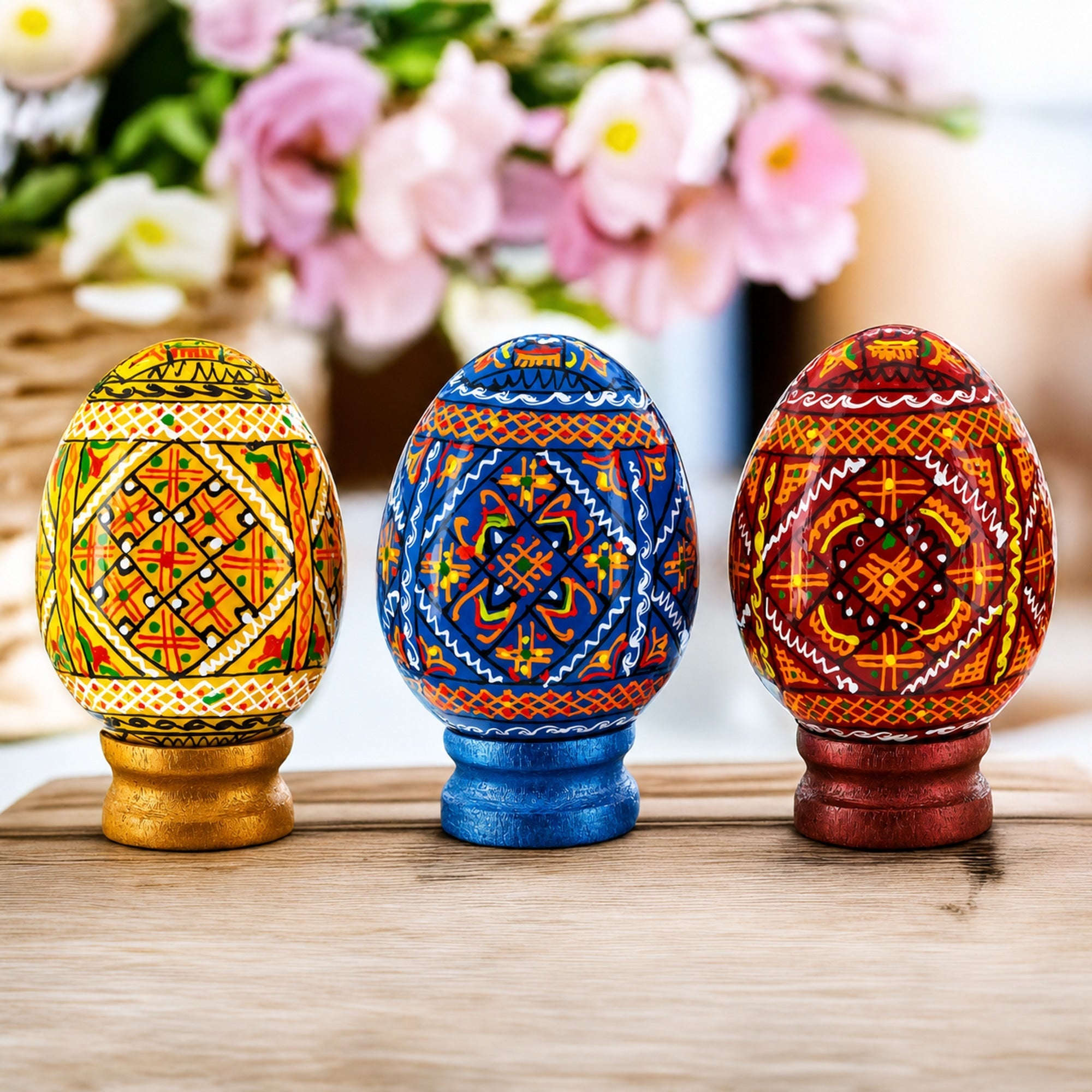 Set of 3 Colorful Geometric Ukrainian Pysanky Wooden Easter Eggs with Stands