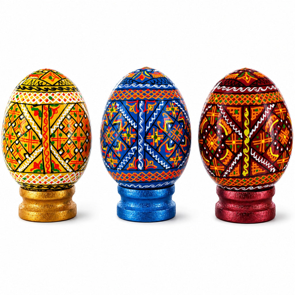 Set of 3 Colorful Geometric Ukrainian Pysanky Wooden Easter Eggs with Stands