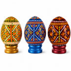 Set of 3 Colorful Geometric Ukrainian Pysanky Wooden Easter Eggs with Stands