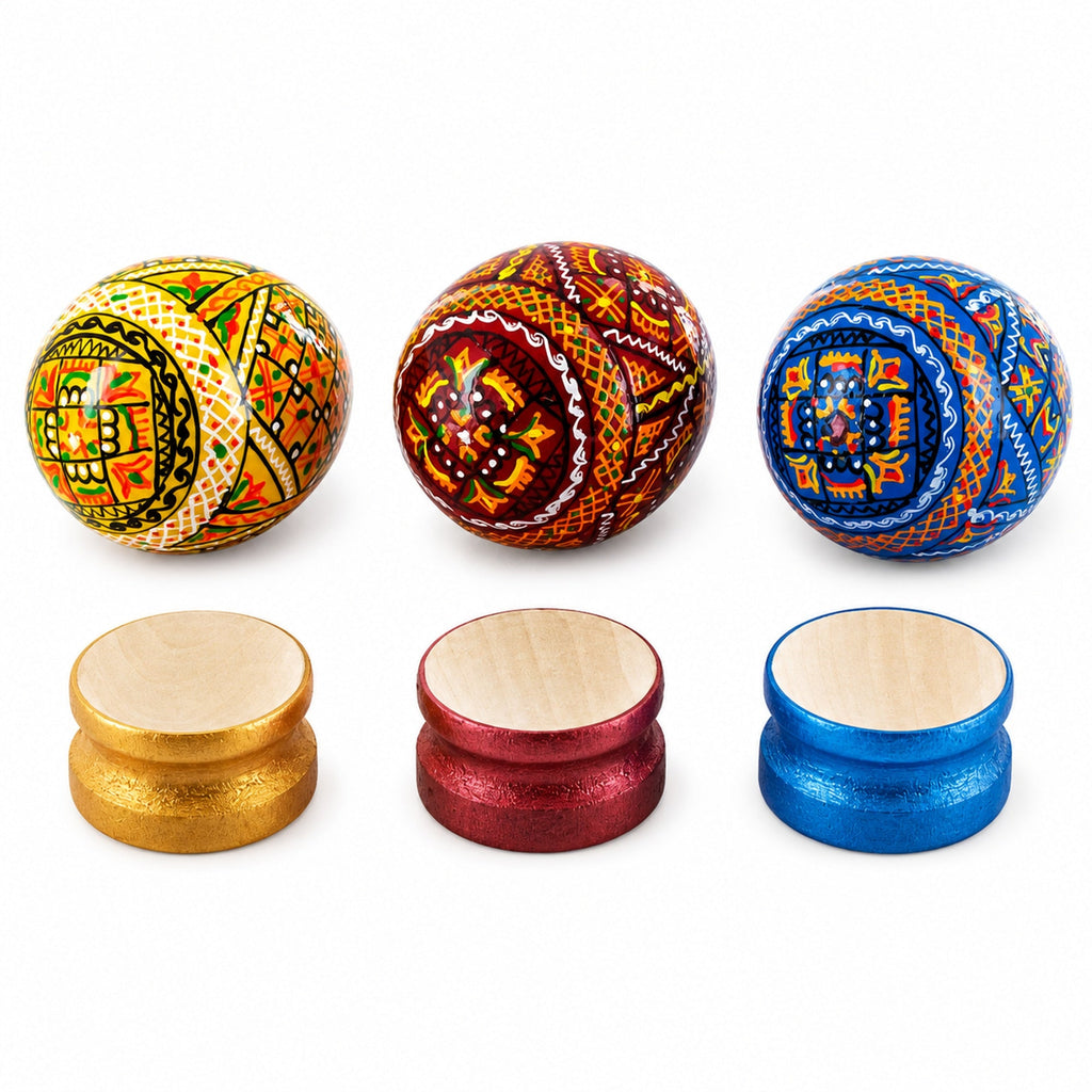 Set of 3 Colorful Geometric Ukrainian Pysanky Wooden Easter Eggs with Stands