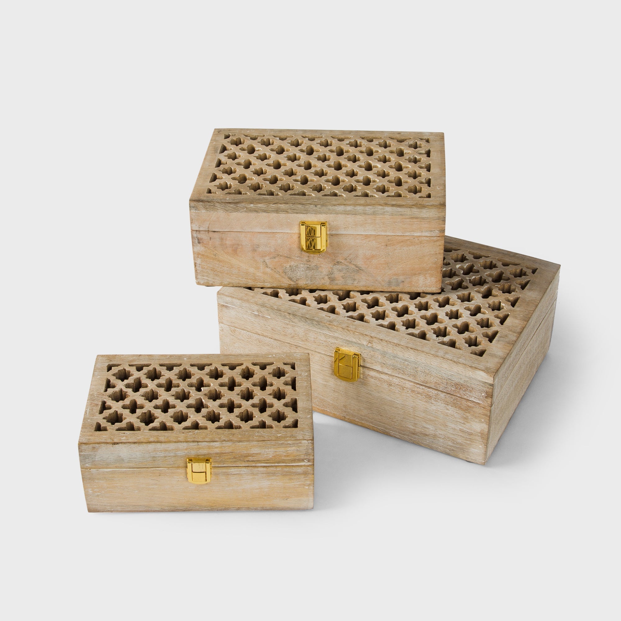 Mango Wood Trellis Keepsake Box with Compartments, Whitewash - Che Cose Belle