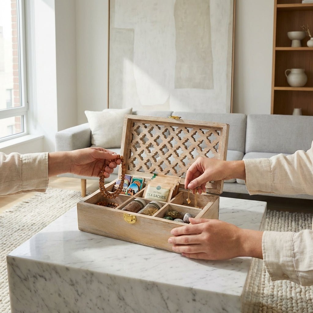 Mango Wood Trellis Keepsake Box with Compartments, Whitewash - Che Cose Belle