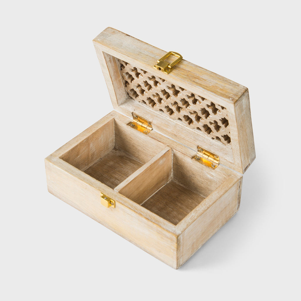 Mango Wood Trellis Keepsake Box with Compartments, Whitewash - Che Cose Belle