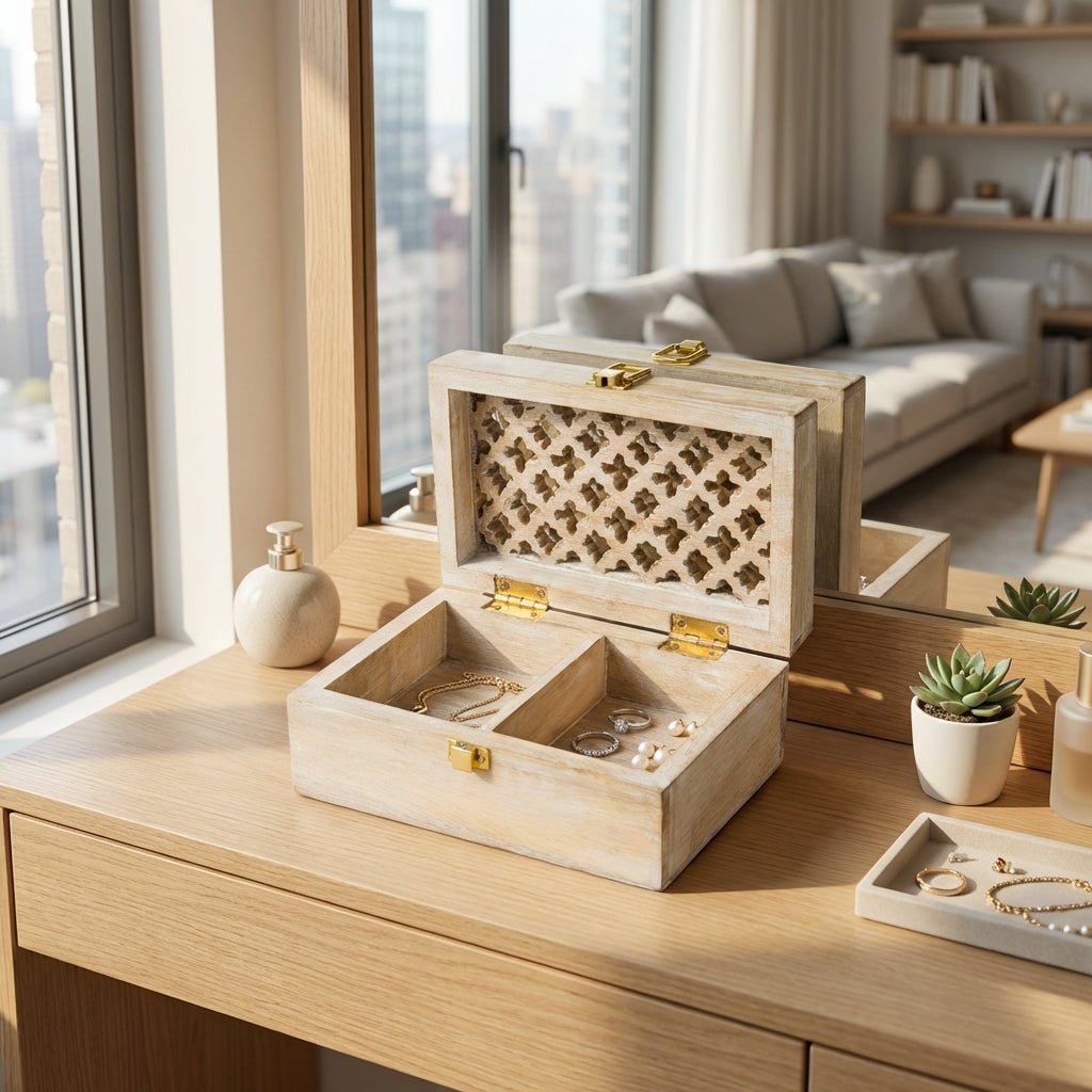 Mango Wood Trellis Keepsake Box with Compartments, Whitewash - Che Cose Belle