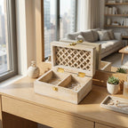 Mango Wood Trellis Keepsake Box with Compartments, Whitewash - Che Cose Belle