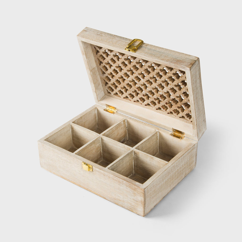 Mango Wood Trellis Keepsake Box with Compartments, Whitewash - Che Cose Belle