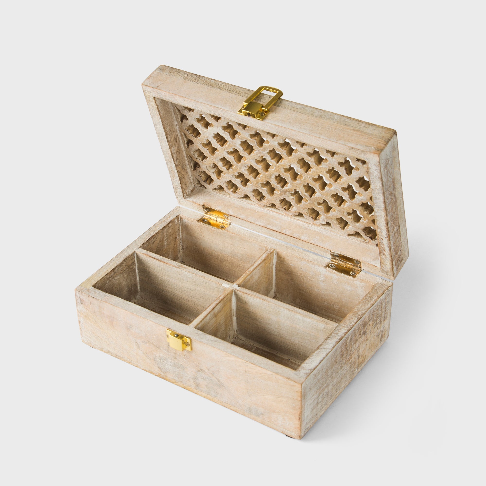 Mango Wood Trellis Keepsake Box with Compartments, Whitewash - Che Cose Belle