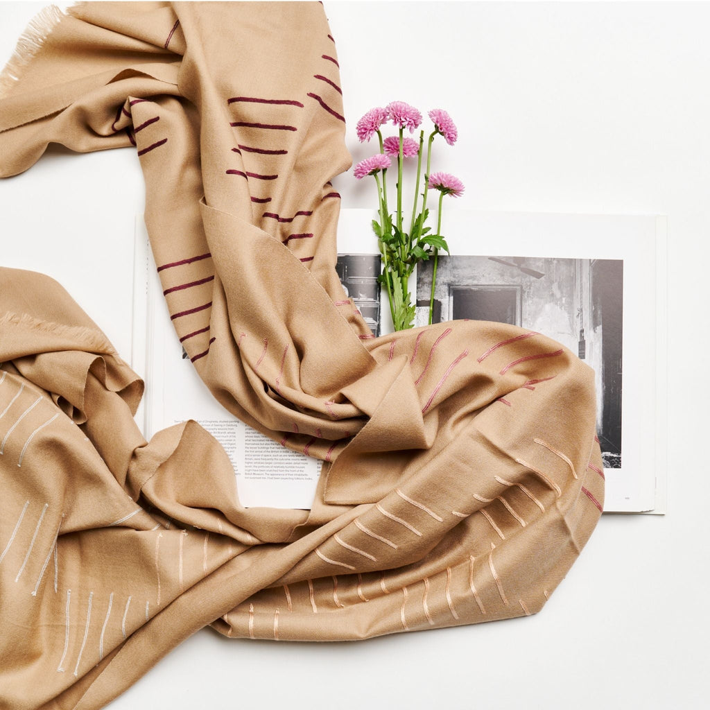Maple Beige Handwoven Hand Embroidered Classic Scarf - Che Cose Belle