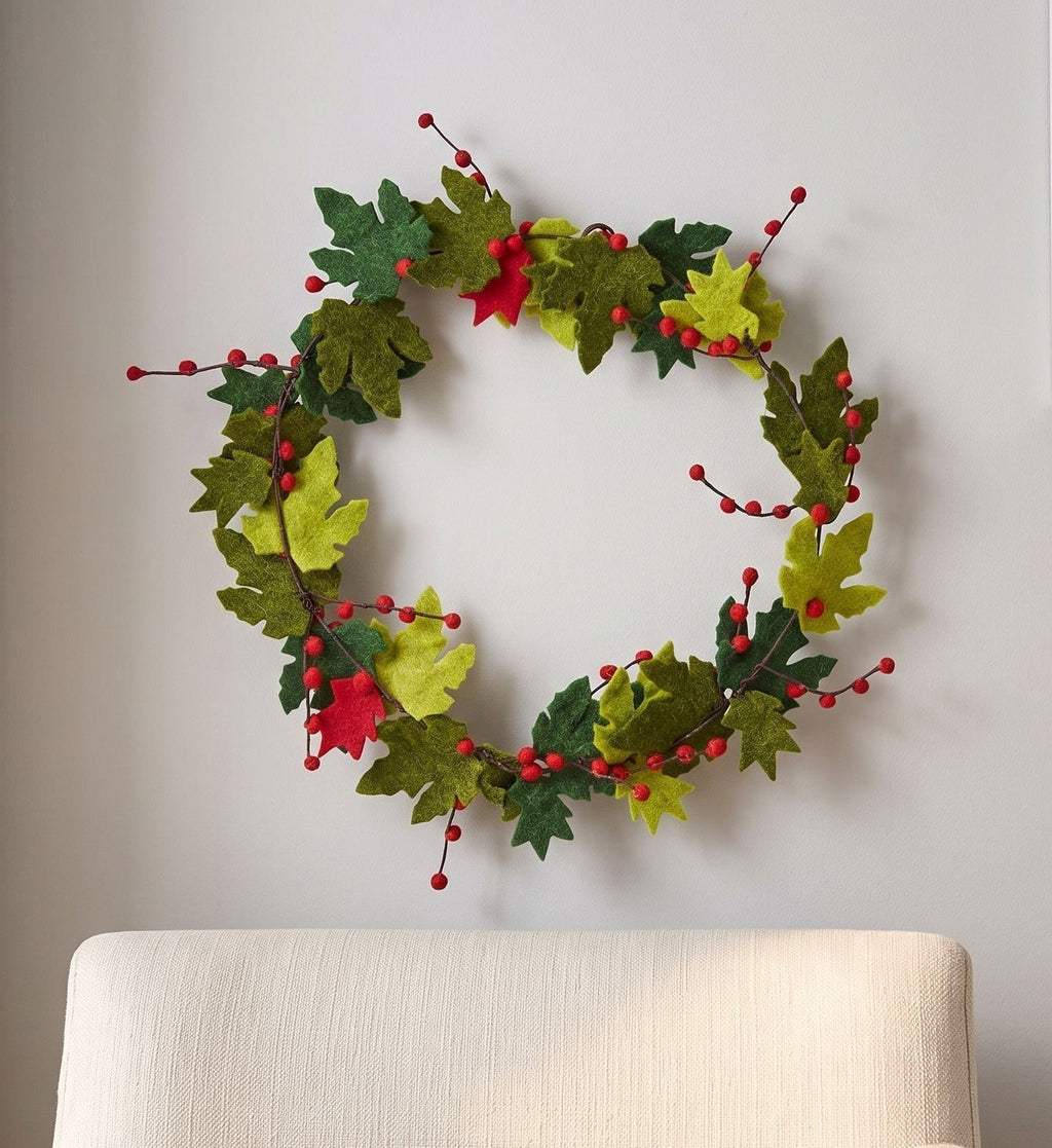 Maple Leaf Wreath Berries Hand Felted Wool - 12" Arcadia Home - Che Cose Belle