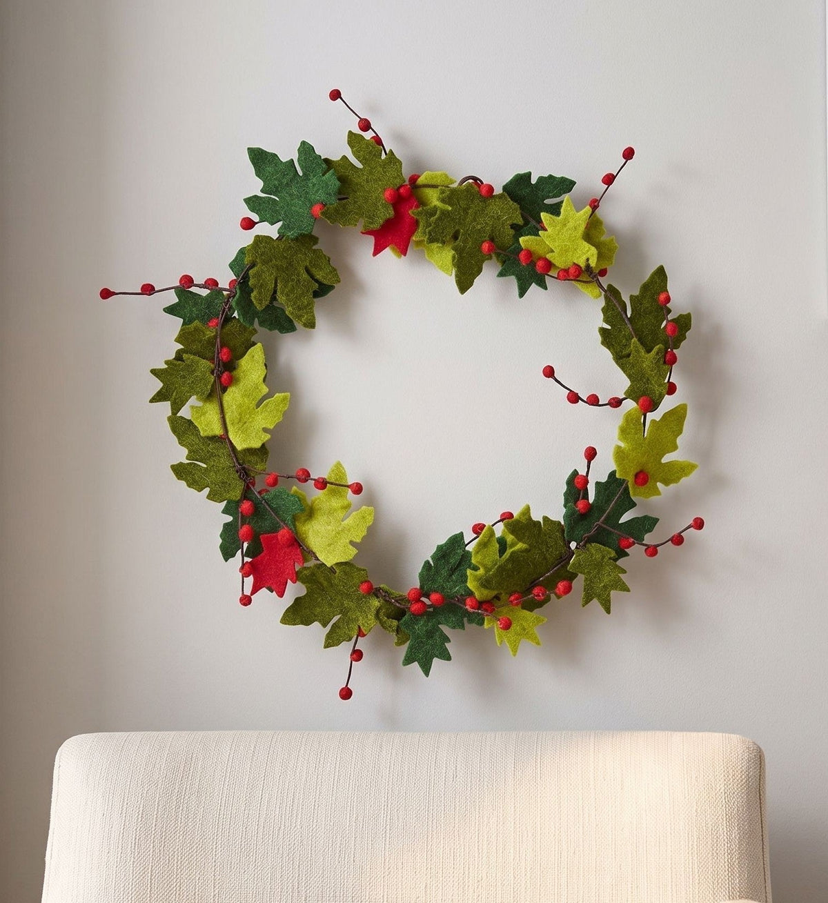 Maple Leaf Wreath Berries Hand Felted Wool - 12" Arcadia Home - Che Cose Belle