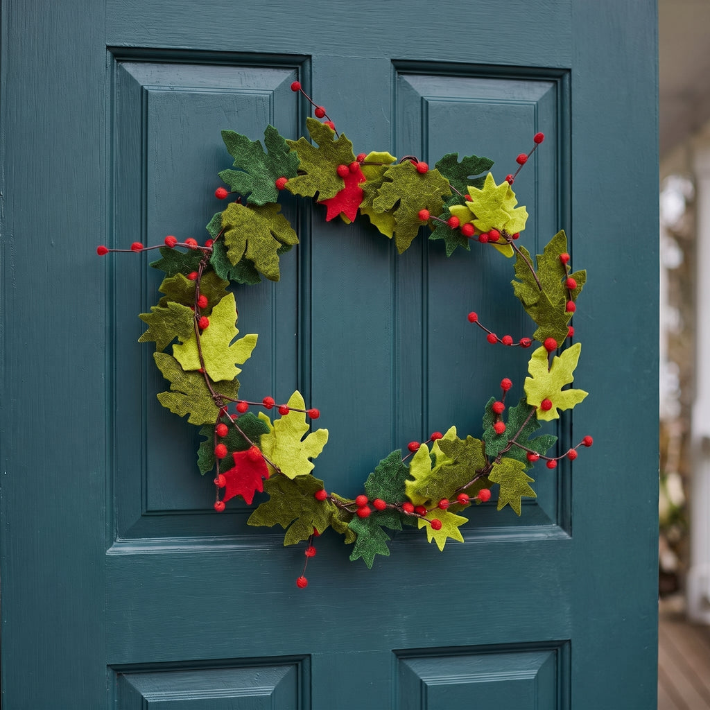Maple Leaf Wreath Berries Hand Felted Wool - 12" Arcadia Home - Che Cose Belle