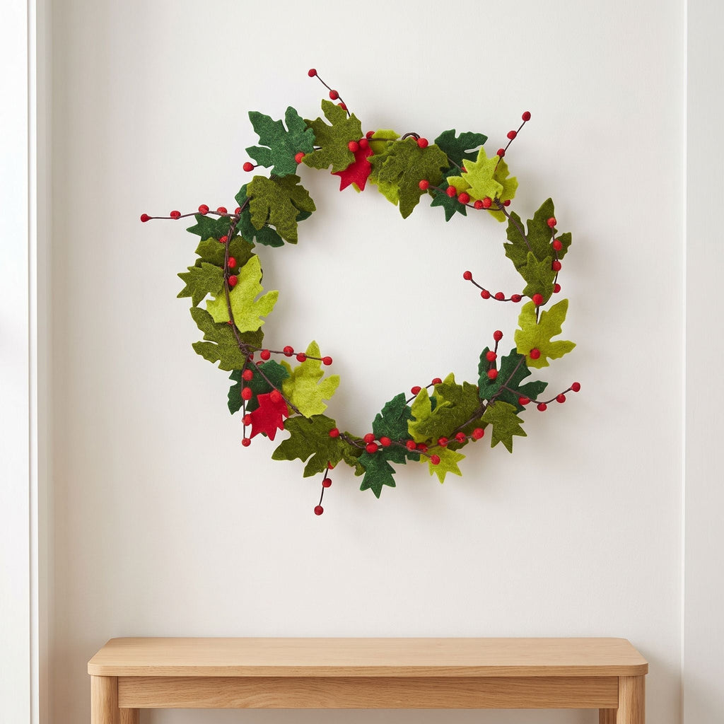 Maple Leaf Wreath Berries Hand Felted Wool - 12" Arcadia Home - Che Cose Belle