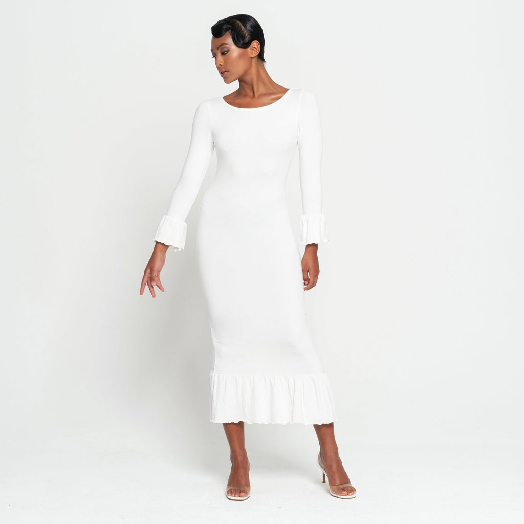 MARJORIE Bamboo Ruffle Dress In Off - white - Che Cose Belle